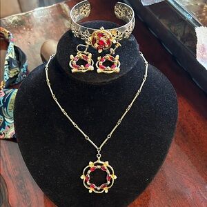 Gold and Red Necklace Set screw back earrings cuff